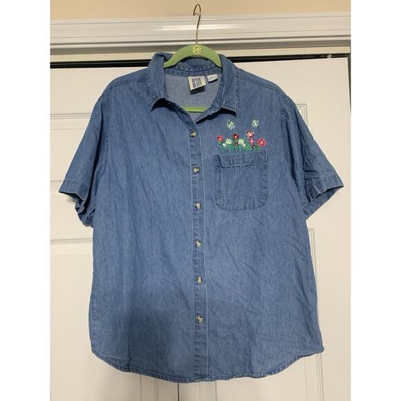 Vintage Mississippi River Blues Floral & Butterfly Embroidered Denim Top L - Picture 1 of 6